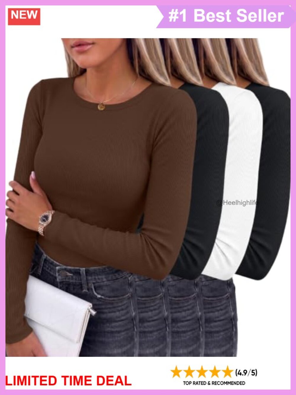 4 Pack Ribbed Long Sleeve Crew Neck Tees Slim Fit Layering Tops